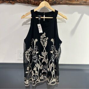 Alfani Black Sleeveless Mesh Top with Cream Embroidery Plus Size NWT